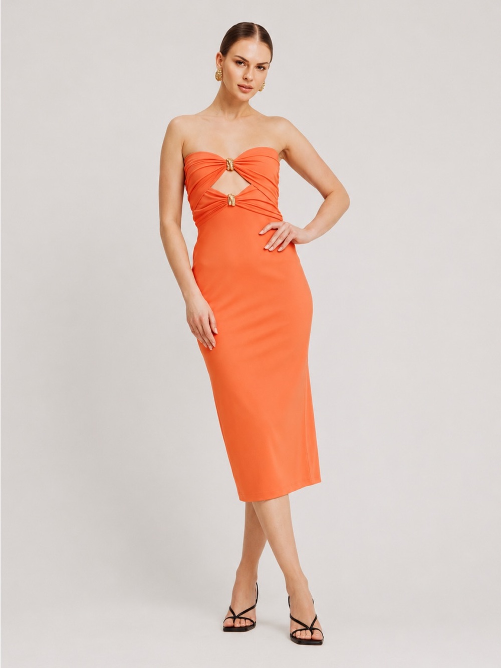 Torn by Ronny Kobo Strapless Orange Midi Dress with Gold Accents